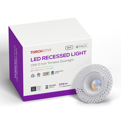 Éclairage encastré à DEL sans garniture de 2 po avec boîte en J, éclairage encastré rond en plâtre, déflecteur profond, 5CCT 2700K-5000K sélectionnable, 800LM 13W, CRI 90+, à intensité variable, homologué IC, homologué ETL