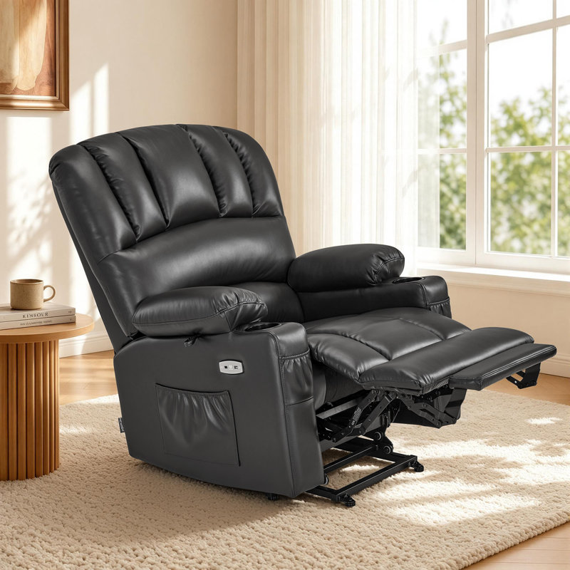 Power Lift Recliner Chair With Massage And Heat for Big Elderly People, Cup Holders, Side Pockets, Faux Leather (Large-Wide)