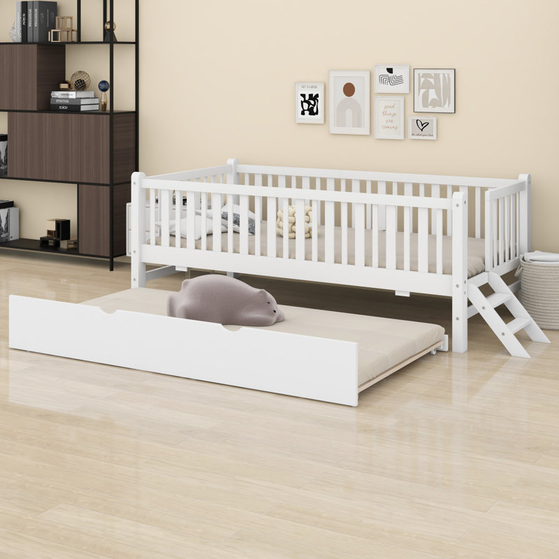 Wood Platform Bed Featuring Guardrail And Trundle, White