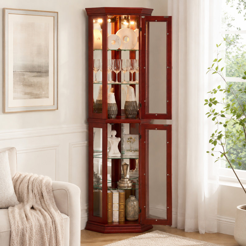 Vitrine d'angle moderne avec verre trempé cerise, Cerisier