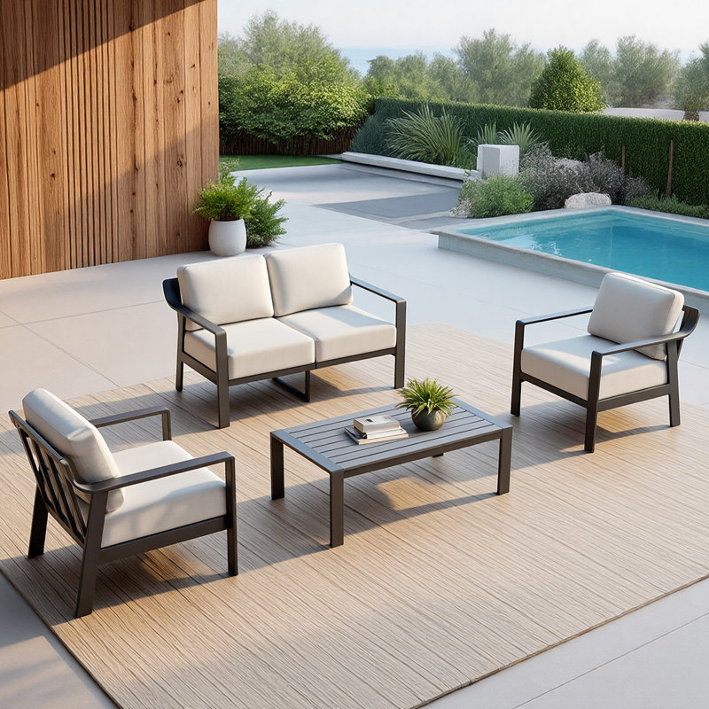 Ensemble de conversation pour patio pour 4 personnes avec coussins, Coussin gris pâle/cadre noir