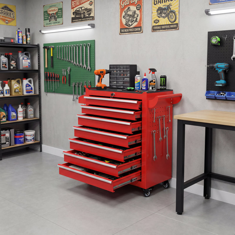  7 Drawer Rolling Tool Cabinet with Lockable Storage and Wheels, Red
