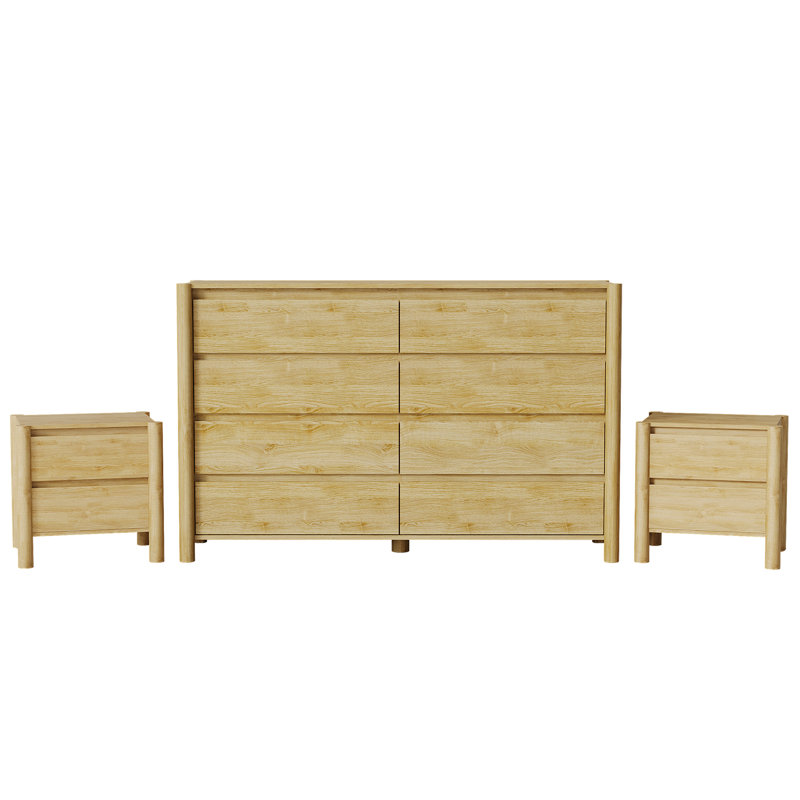 Ensemble de chambre à coucher 3 pièces, commode 8 tiroirs et 2 tables de chevet, beige, Beige