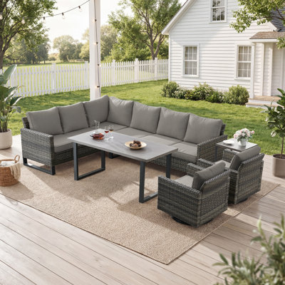 Salome 5-Person All Weather Outdoor Wicker L-Shaped Patio Conversation Set With Swivel Gliders And Side Table