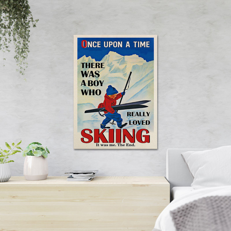 Bébé garçon faisant du ski sur la neige - Il était une fois un garçon qui aimait vraiment le ski - 1 pièce, reproduction d'art graphique sur toile tendue