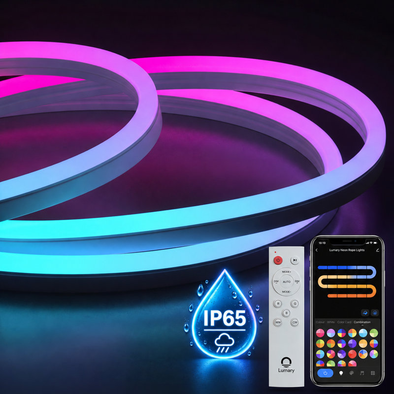 Lumary 16.4Ft Smart Outdoor Neon Rope Light, RGBAICW Flexible Color Changing Rope Light Waterproof IP65 for Pathway, DIY Scene Mode, RGB&Warm White&Cool White Work with Alexa Google Assistant