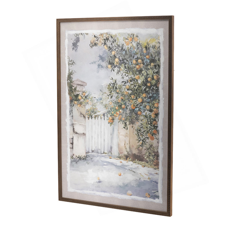 31.5X47.2" Hand-Painted Courtyard Scene Canvas Wall Art With Textured Pine Wood Frame