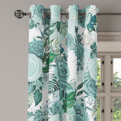 Red Barrel Studio® Floral Design Grommet Curtain Greenish Rose Flowers Sea Green Mint Green