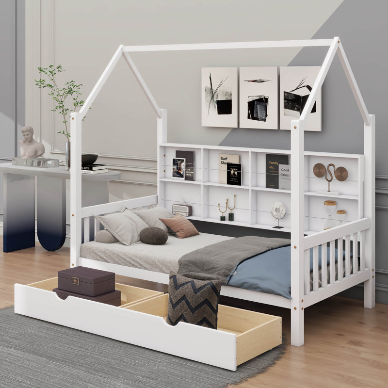 Lit simple en bois massif avec tiroirs doubles et tablettes de rangement pour enfants