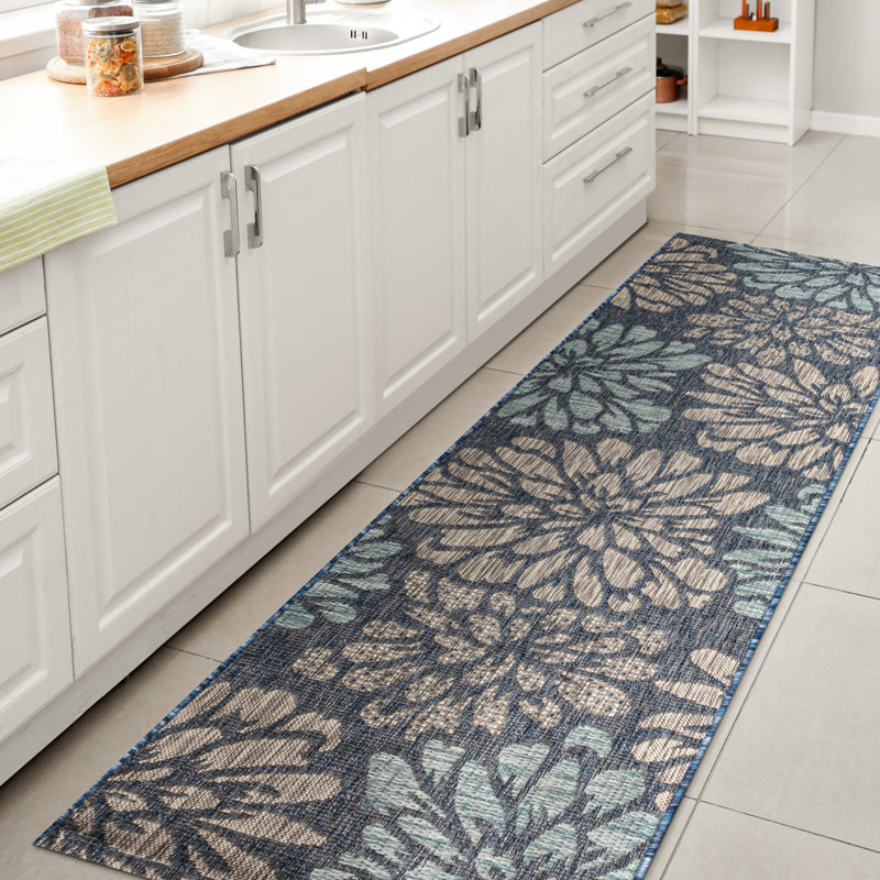 Hagy Modern Floral Textured Weave Navy/Aqua Indoor/Outdoor Rug, Runner 2'2" x 20'