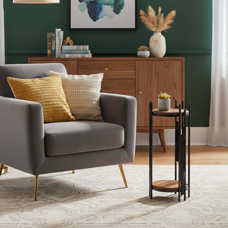 Table de bout à trois pieds en bois massif avec rangement Azaela, Noir, H 39,37 po x l 11,81 po x P 11,81 po