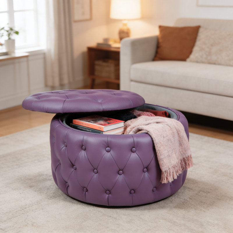 Fully Assembled Round Storage Ottoman with Deep Diamond Tufting and Hidden Storage, Purple PU Faux Leather