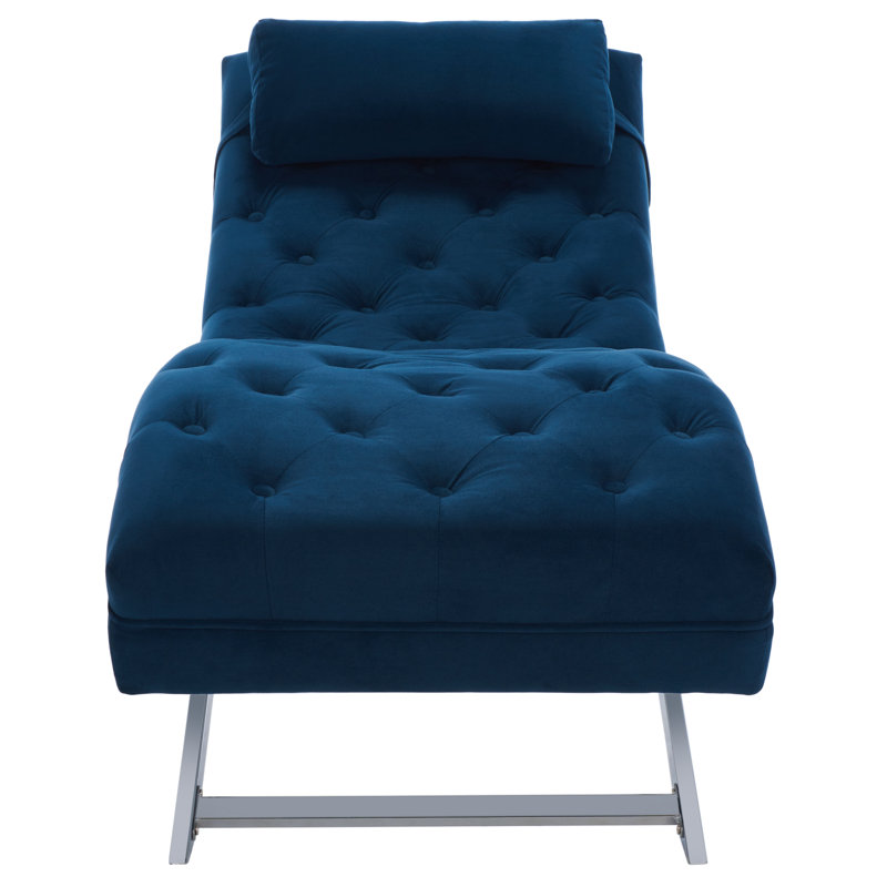 Chaise longue sans accoudoirs capitonnée Mabella, Velours marine, Chrome