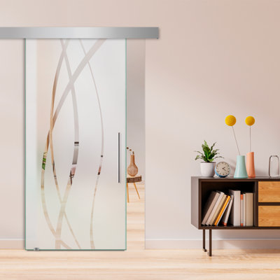 Porte de grange coulissante en verre sans cadre avec design moderne givré + ensemble de quincaillerie (semi-privée)