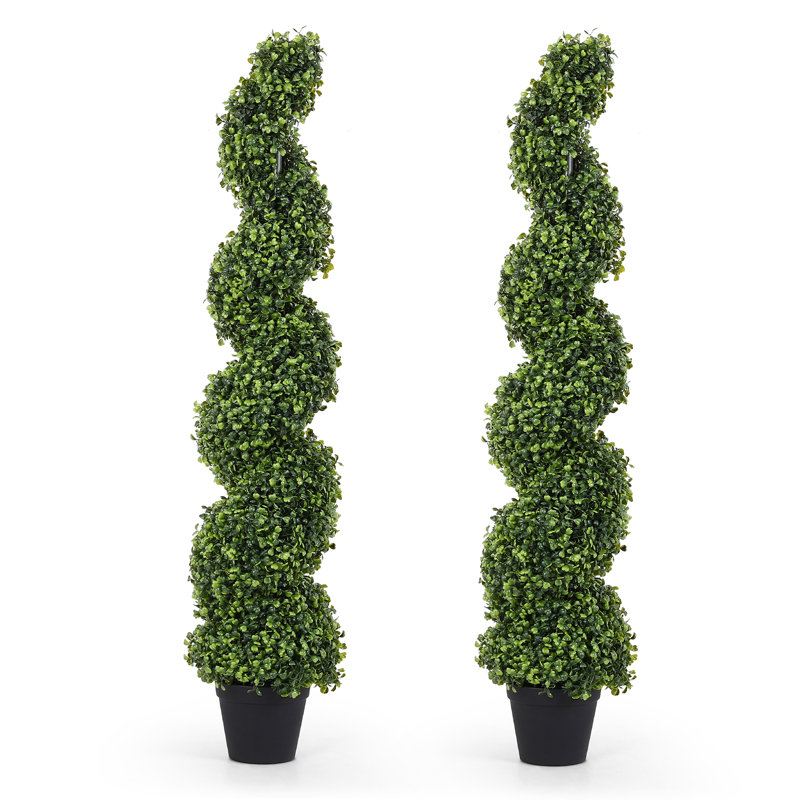 Artificial Boxwood Spiral Topiary ,Black Plastic Potted Tree, Green, 47.25" H x 11" W x 11" D
