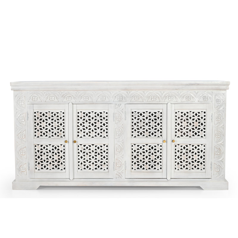 Buffet en bois massif sculpté à la main Lowell AR avec portes en treillis à motif floral et géométrique