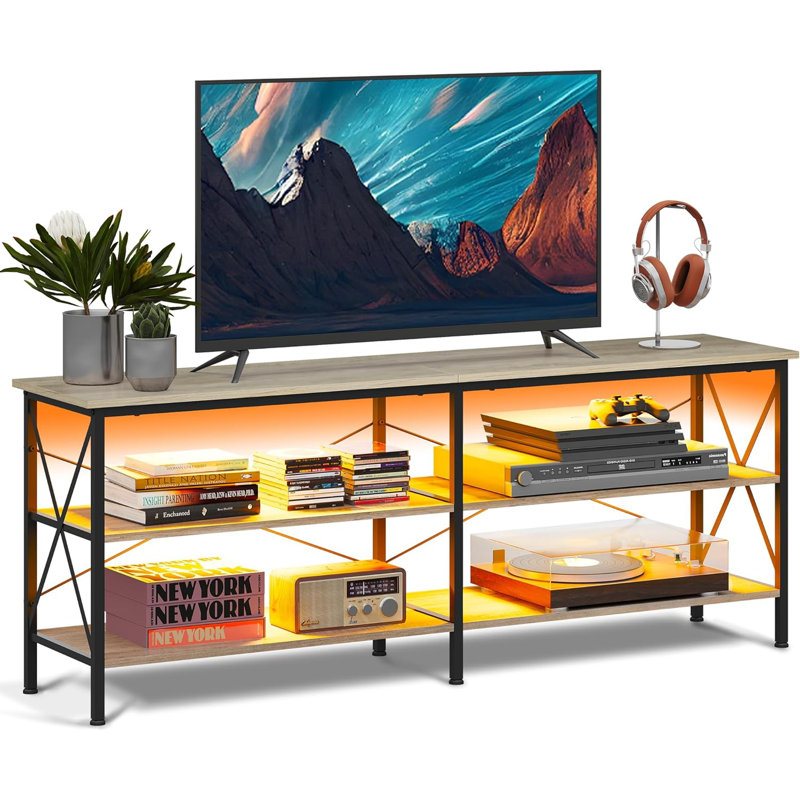 Industrial TV Stand for TVs up to 70 Inches, 63" Entertainment Center with LED Lighting, TV Console with 3-Tier Open Storage Shelves
