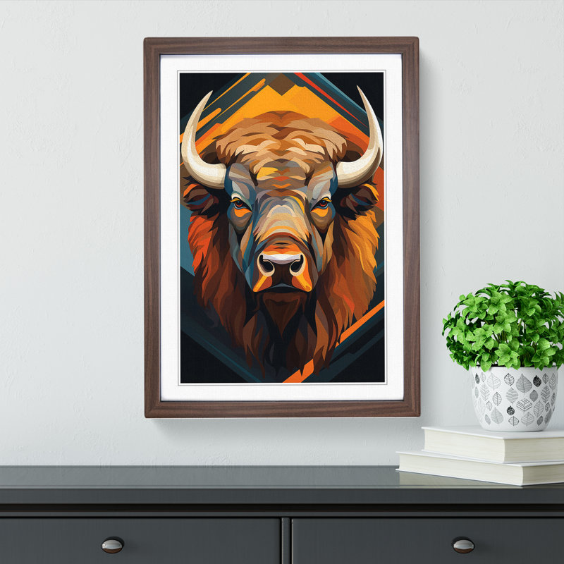 Bison Op No.2 - Single Picture Frame Print on Wood, 46cm H x 34cm W x 2cm D, Walnut Framed