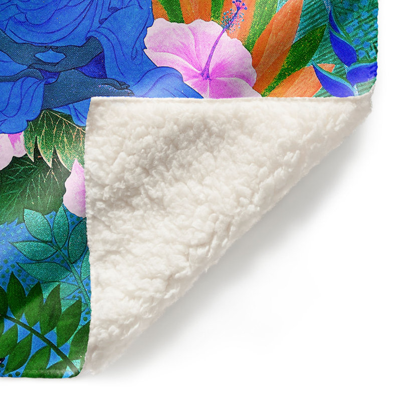 Couverture en sherpa Buddha In The Jungle Ii, l 68 po x L 80 po, Bleu / Vert / Mauve