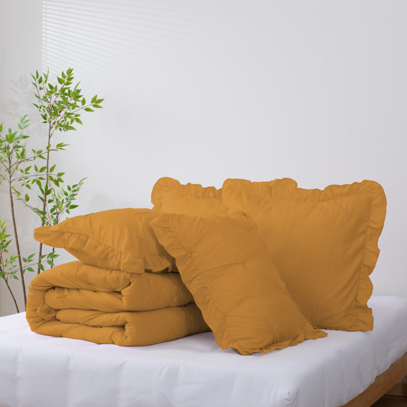 Ensemble d'édredon 5 pièces princesse romantique Pintuck, Édredon pour lit très grand + quatre taies déco, Moutarde