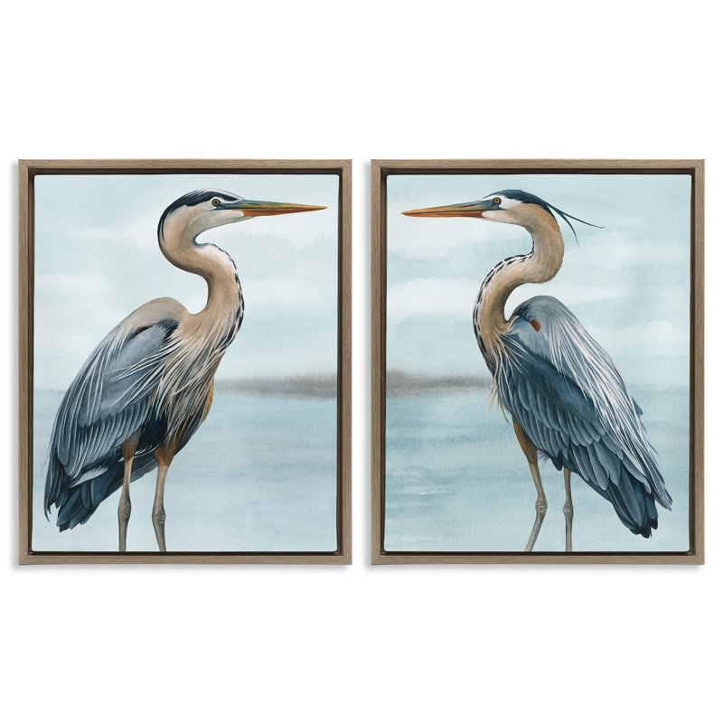 «Détaillé Heron Bird Duo», ensemble de 2 toiles flottantes encadrées par Grace Popp, Cadre flottant orme Montalcino