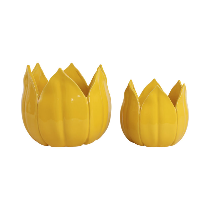 Sagebrook Home 2-Pieces Petal Planters, White, 10" H x 12" W x 12" D, Yellow