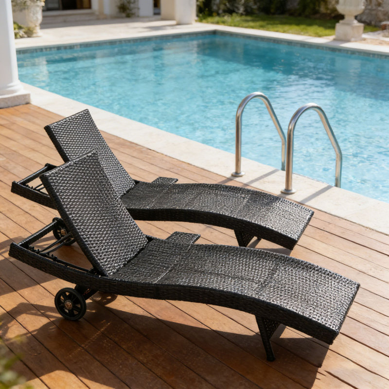 Patio Wicker Chaise Lounge Chairs Set, Black+Brown
