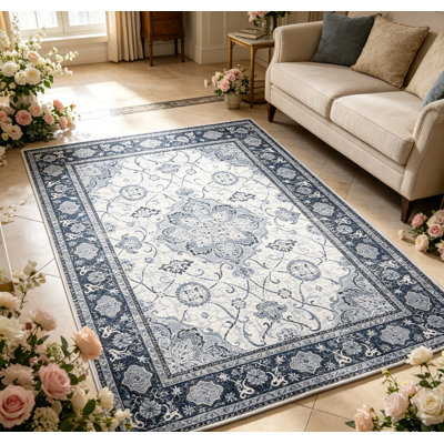 Vintage Boho Floral Area Rug Soft Low Pile, Washable, Non-Slip Carpet Living Room Carpet for Bedroom Farmhouse Dining Room Kids Playroom
