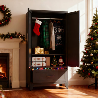 Armoire-penderie en métal de 60 po de hauteur avec 1 tiroir et tringle, 2 garde-robes avec tablette pour la chambre à coucher, le bureau, la salle de lavage, le vestibule, le vestibule, la chambre d'amis (noir)