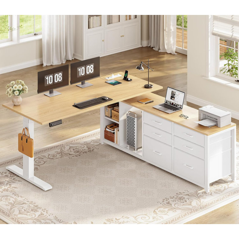 Bureau de direction électrique en forme de L, bureau de direction réglable en hauteur 55 po x 55 po, Blanc, Chêne