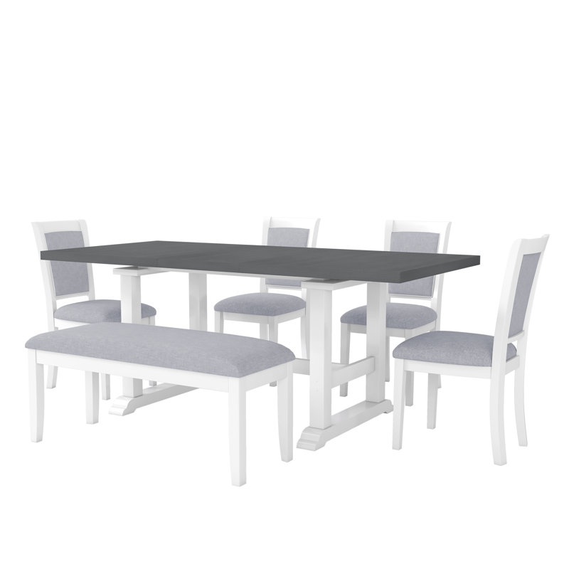 Ensemble de table de salle à manger à tréteaux extensible 76,9 pouces avec rallonge amovible TopMAX 6 pièces, ensemble de table de cuisine avec chaise d'appoint rembourrée et banc, blanc et gris