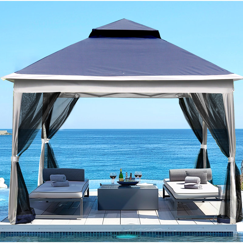 11X 11 Ft Double Roof Pop-Up Gazebo Canopy With Removable Zipper Netting, Blue