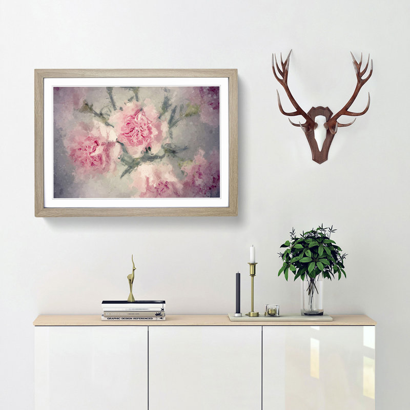 Pale Pink Carnation Flowers in Abstract - Picture Frame Painting Print, Oak Framed, 36cm H x 48cm W x 2cm D