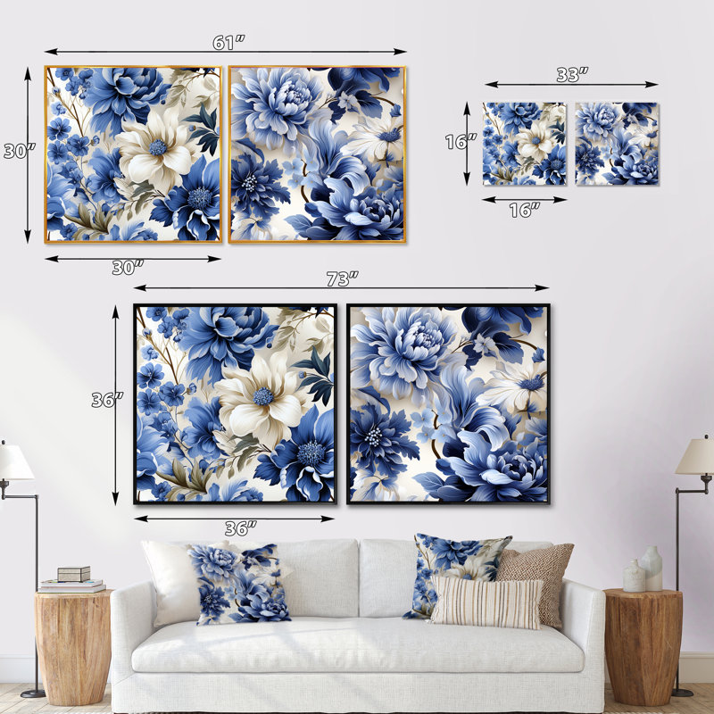 Motif victorien bleu de cobalt brocart - ensemble de collage carré floral, H 16 po x l 33 po, Cadre flottant doré