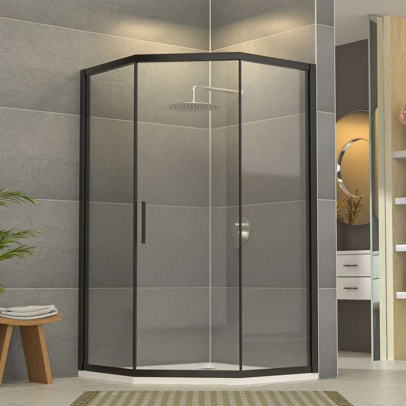 42" W X 76" H Single Sliding Framed Neo-Angle Shower Enclosure with 5/16" Clear Tempered Glass and Fixed Pannel