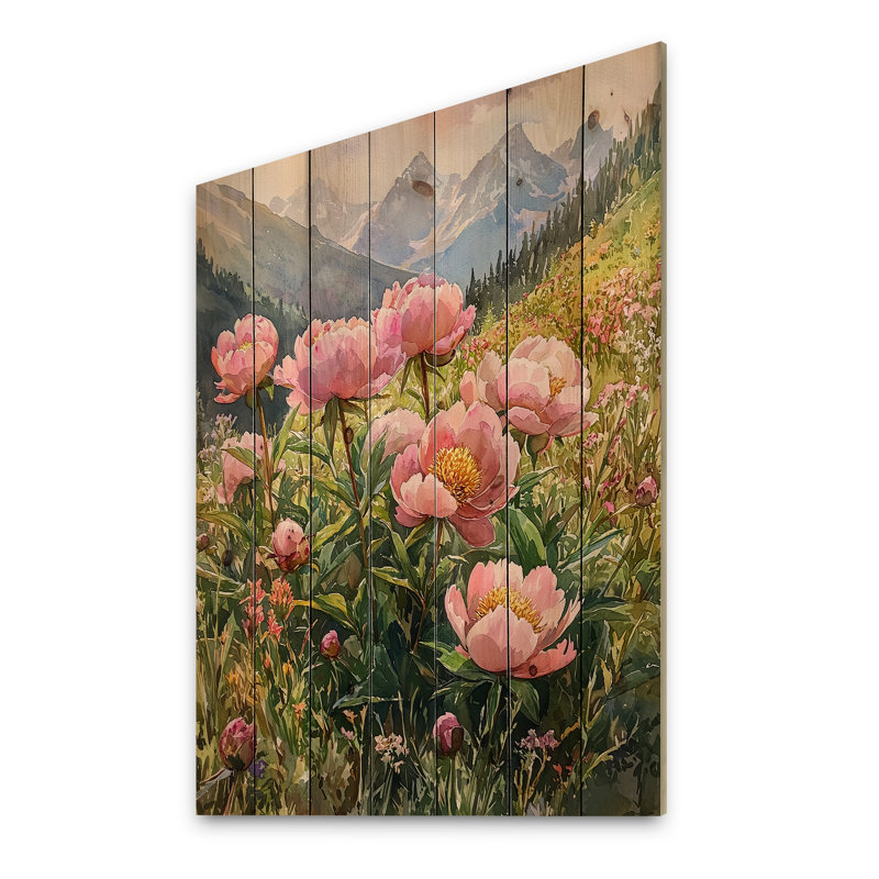 Pivoines dans la vallée de Windswept I - impression de pivoines sur bois de pin naturel, H 20 po x l 10 po x P 0,78 po