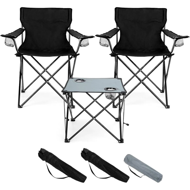 Folding Camping Chair Set Of 3 – 2 Foldable Black Camp Chairs & 1 Grey Portable Table For Adults, Lawn Chairs With Cup Holders & Storage Bags For Hiking, Fishing, Picnic, Outdoor Bbq, Travel, Sports