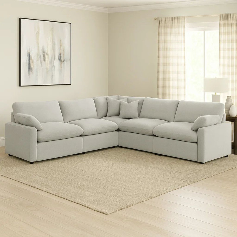 Canapé modulaire en forme de L 5 pièces Biny, gris clair, inclinable électrique