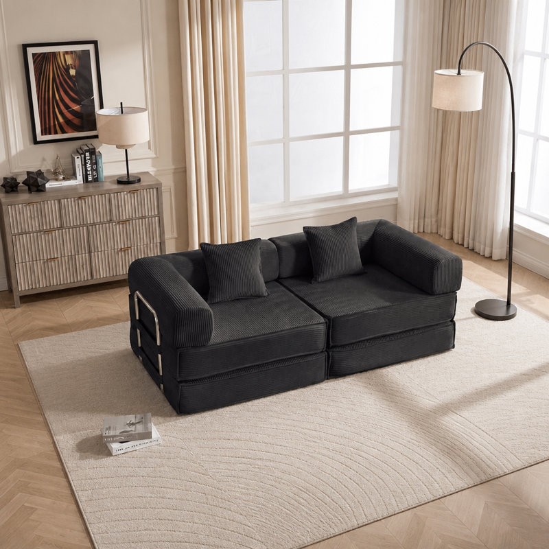Canapé-lit convertible de 78 po, canapé modulaire en velours côtelé avec 2 coussins et canapé compact, Black