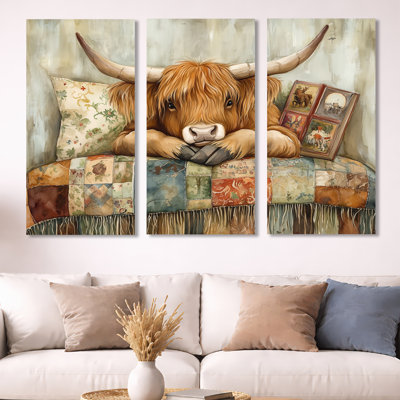 Quilted Highland Rest - Cow 3 Panel Canvas Print
