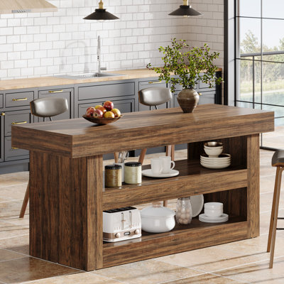 55-Inch Wood Kitchen Stationary Island with 2-Tier Storage, Coffee Bar Table for Kitchen, Dining Room