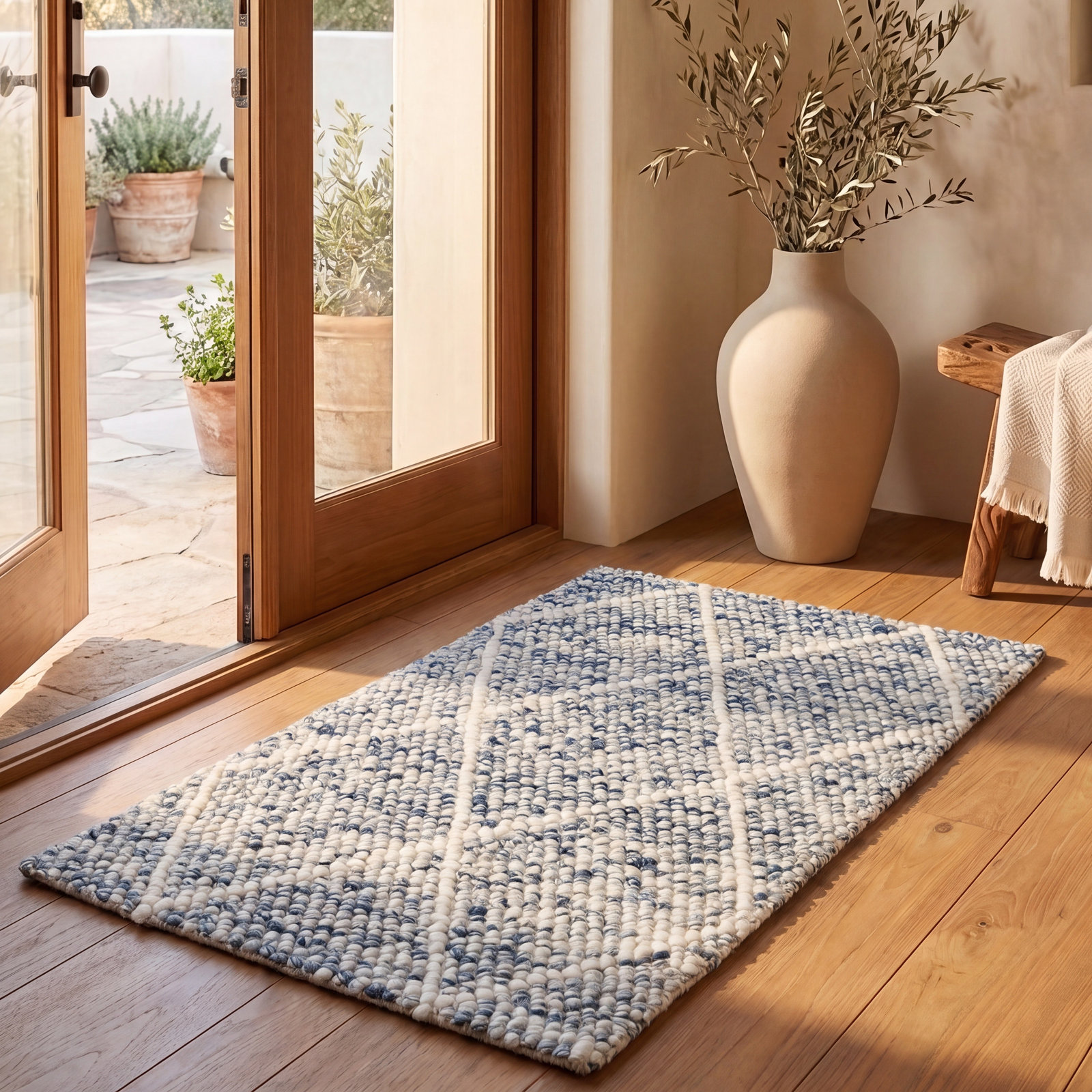 Russo Ivory Blue Hand-Woven Geometric Rug, Rectangle 2' x 3'
