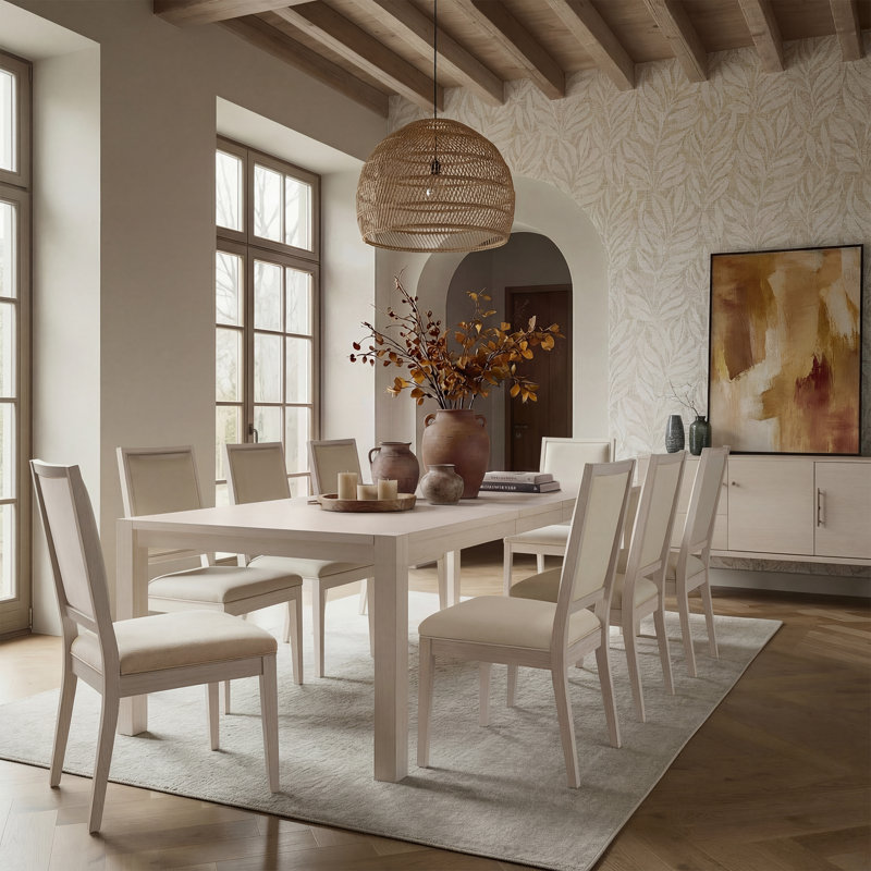 9 Pieces Dining Set, 9 Pieces: Table, 8 Chairs, Beige