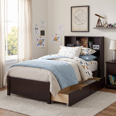 Sterling Solid Wood Platform Twin Bed with Bookcase Headboard, Charging Station and Side Drawers
