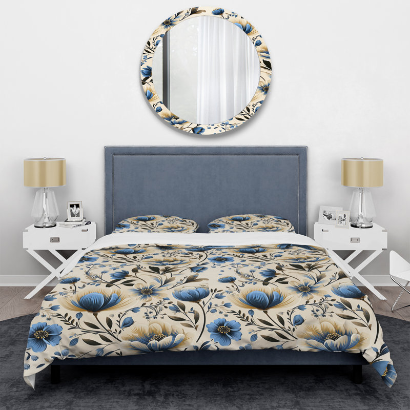 Ensemble de housse de couette à motif floral bleu et ivoire, Housse de couette pour très grand lit et 2 très