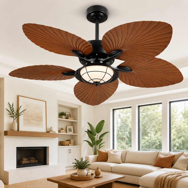 Ventilateur de plafond 5 pales 52 "à feuilles tropicales avec lumières DEL, Marron foncé