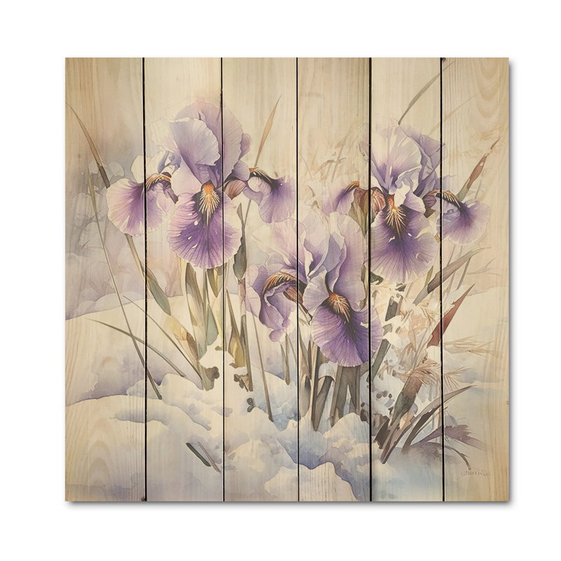 Iris mauve breloque en hiver I - iris, art mural sur bois de pin naturel, H 15 po x l 15 po
