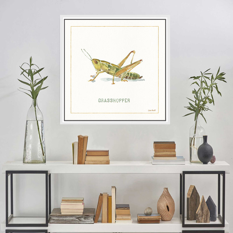 «My Greenhouse Grasshopper», reproduction sur toile, H 21,5 po x l 21,5 po x P 2 po, Cadre flottant champagne