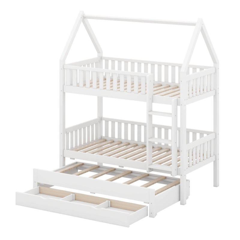 Lit superposé simple au dessus d'un lit simple avec lit gigogne et tiroirs de rangement, lit superposé avec toit Playhouse, cadre de lit de maison en bois