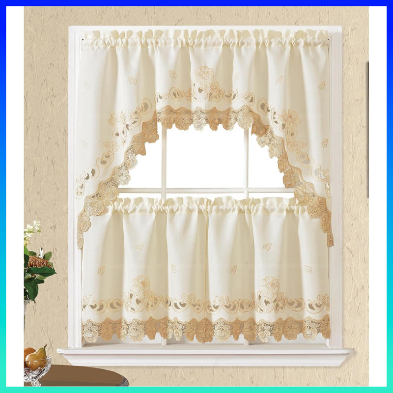 Lace Rosarium Elegant Kitchen Curtains Set - 3PCS Romantic White Window Valances With Delicate Rose Embroidery & Charming Lace Trim, Timeless Floral Design Adored By Families，Beige